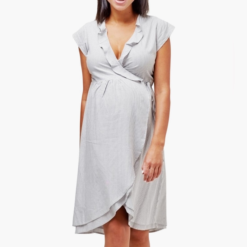 Nom Gray Wrap Maternity & Nursing Dress white gray Stripes